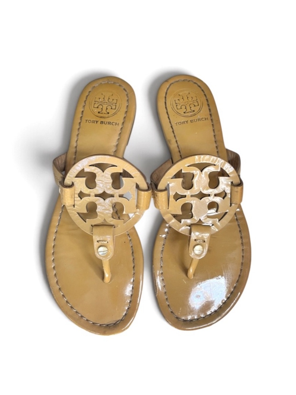 Tory Burch Patent Leather Miller Sandals in Tan, sz 7